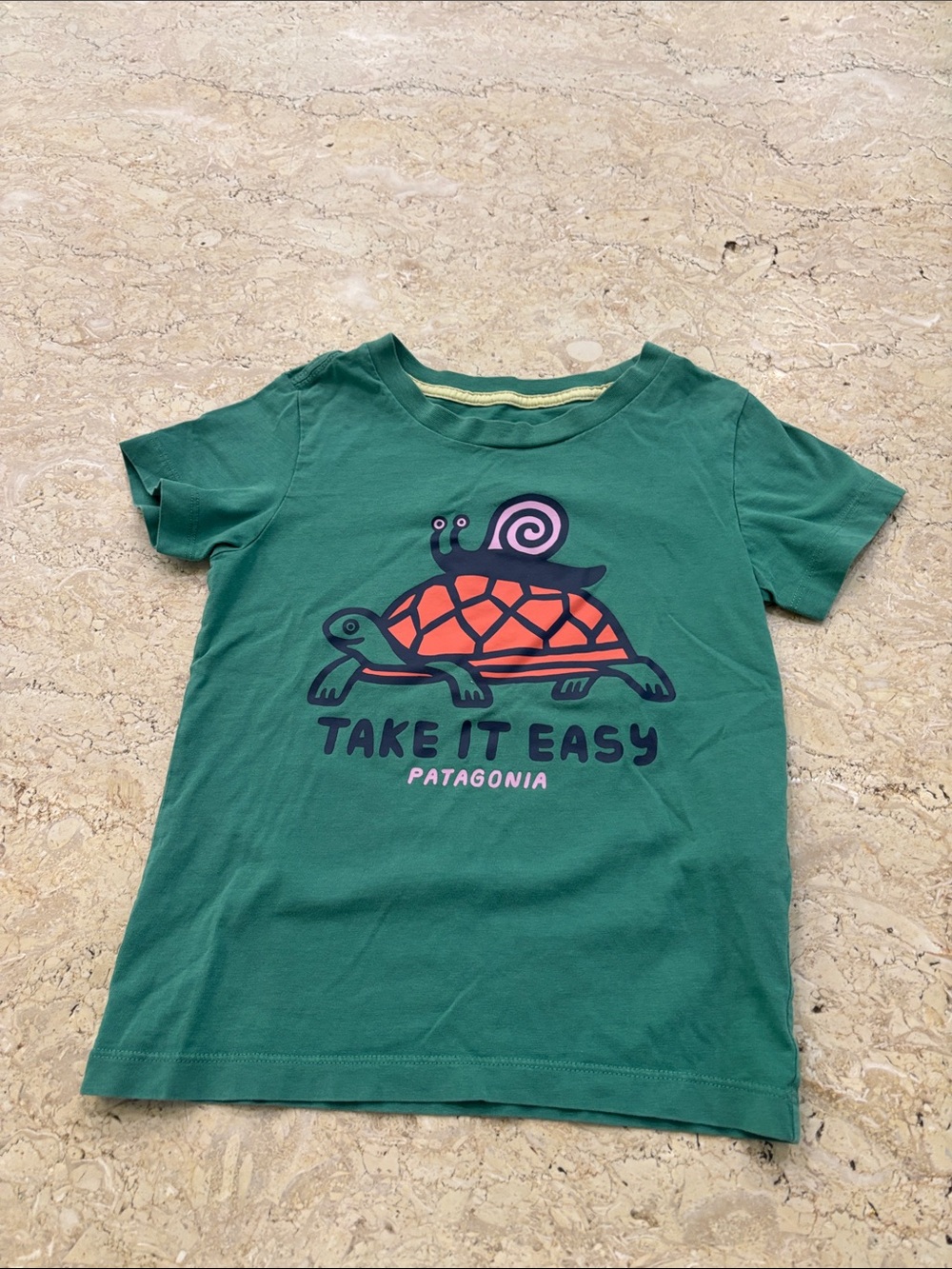 Patagonia Green Kids Tee with Turtle & Snail Graphic